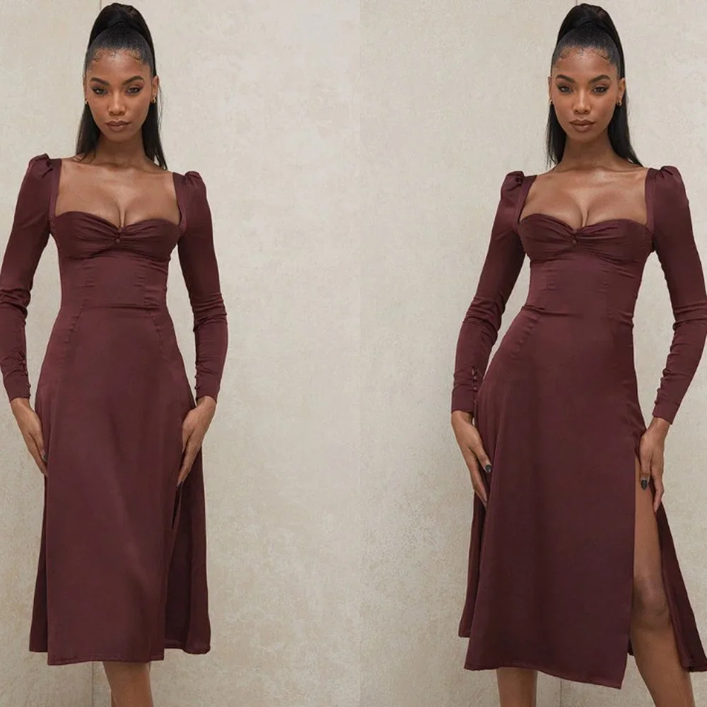 HOUSE OF CB 'Arlinda' Raisin Satin Puff Sleeve Midi Dress NWOT